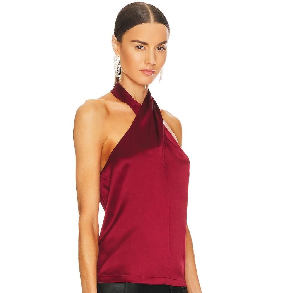 Theory Ertil Cross Front Halter Top Size P Stretch Satin SILK Red Dahlia NEW - Picture 12 of 12